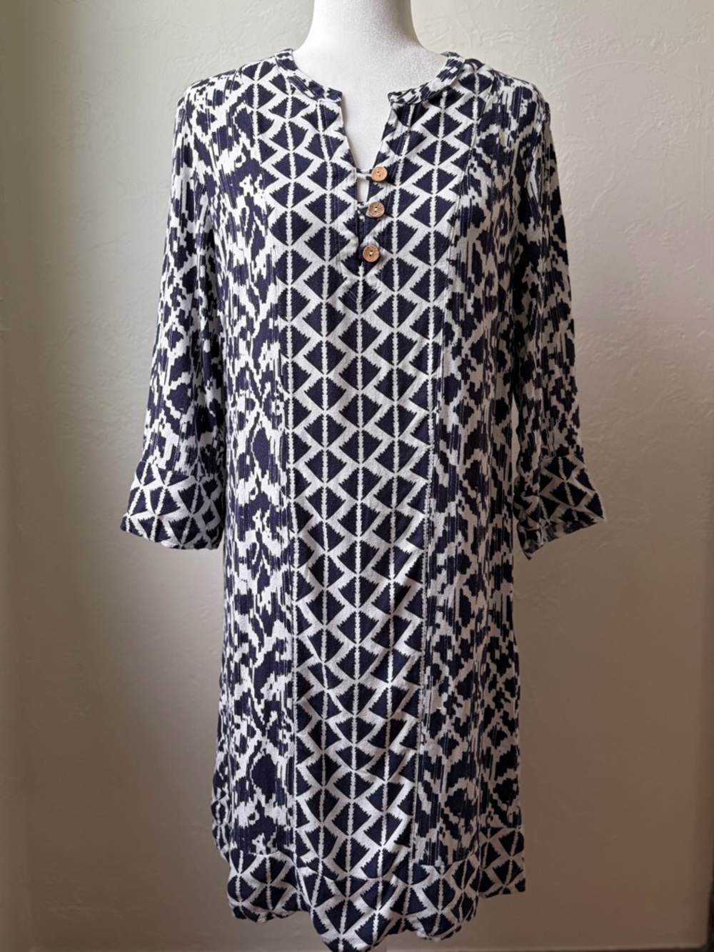 Soft Surroundings Blue White Geometric Ikat Rayon Tunic Dress Large